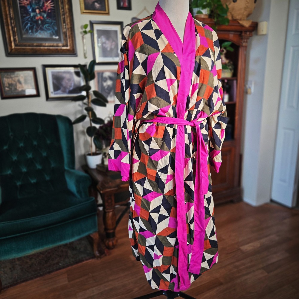 World Market Kimono Robe Geometric Triangle Print Pink Orange Rayon One Size OS